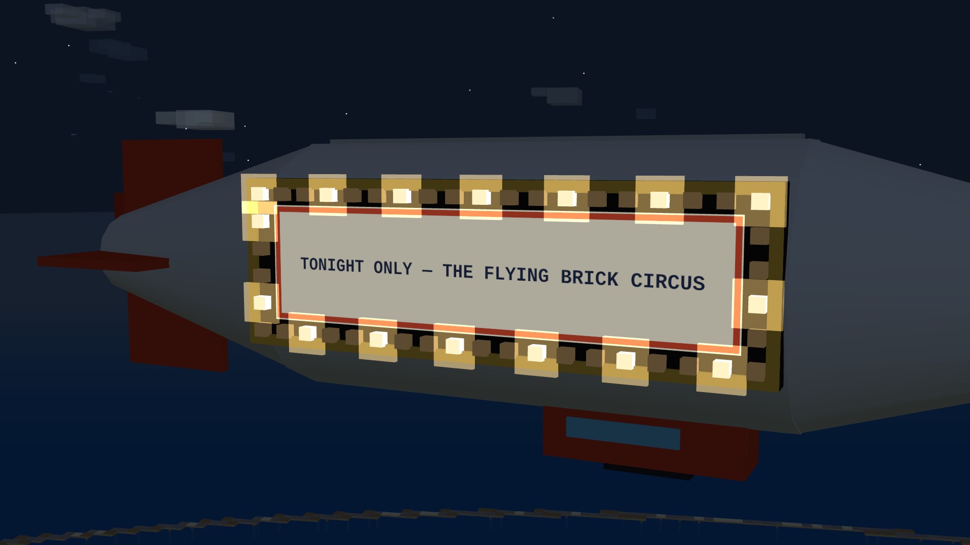 Close on the ad zeppelin's flank after dark: a timber sign board with a gold rim reading TONIGHT ONLY — THE FLYING BRICK CIRCUS, ringed by big warm-white bulbs with a running light chasing around the frame