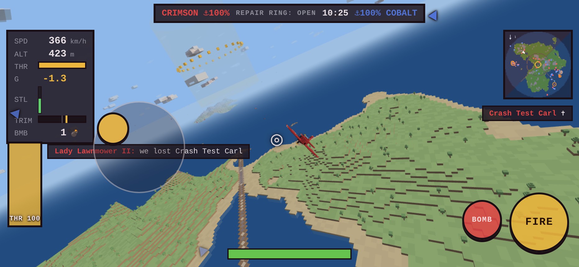 The mobile HUD in flight: a gold virtual stick anchored under the left thumb, a THR 100 throttle slider, the flight-data gauges with the G-meter reading 4.2 in a hard turn, an AP button under the minimap, FIRE and BOMB buttons, a bright gold aim cursor, and blue off-screen enemy markers hugging the top, left and bottom edges