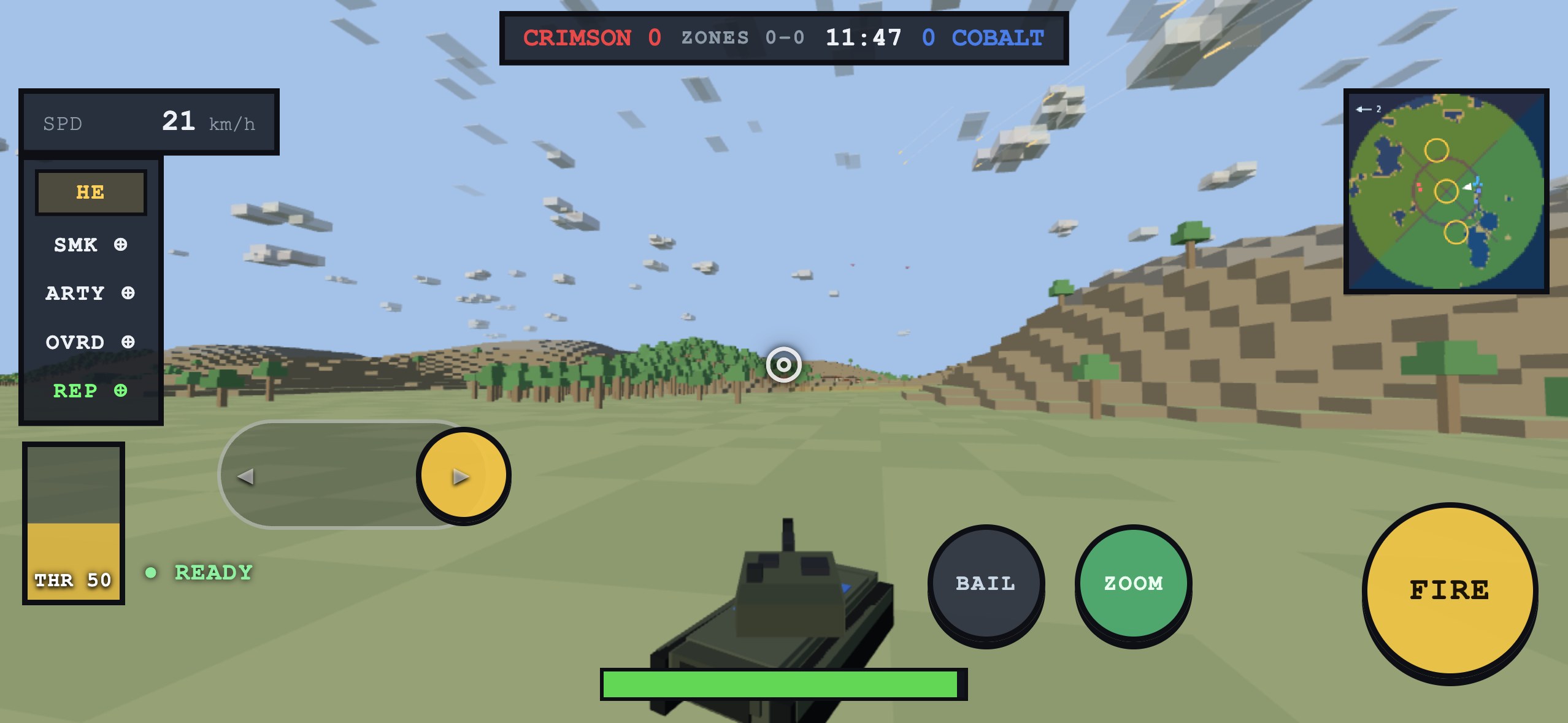 A Paladin tank on the Brick Steppe seen on a phone in landscape, its hull swinging to the right while the gun holds its aim down the sight line; under the left thumb the stick is drawn as a sideways rail with arrows at each end and the gold knob pushed out toward the right arrow; the THR lever on the left edge, the crew chips on the left rail, and BAIL, ZOOM and FIRE buttons bottom-right