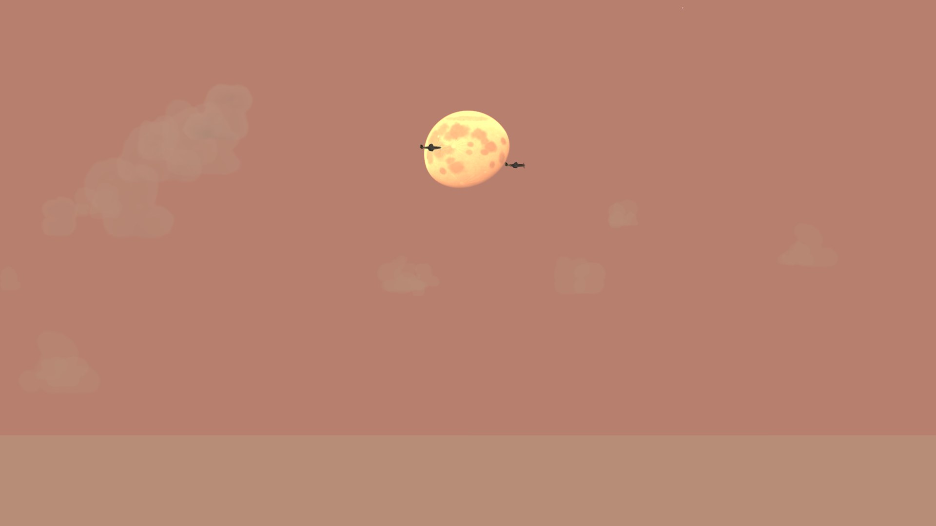 A pair of Spitfires in silhouette crossing a huge honey-coloured gibbous moon rising in a rose-pink twilight sky, its dark seas and bright craters plain