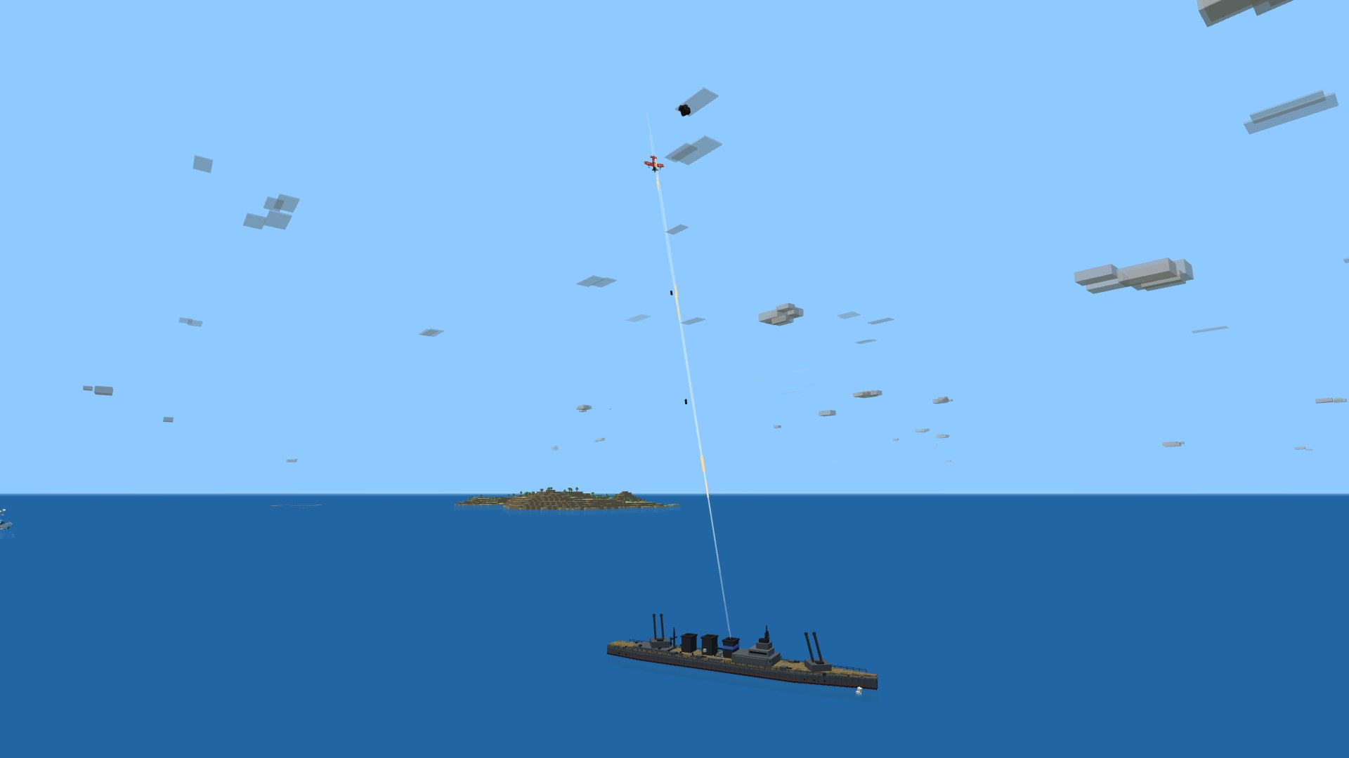 A dive bomber plunging near-vertically toward a cruiser, two bombs falling along the dive line, flak bursting around the plane