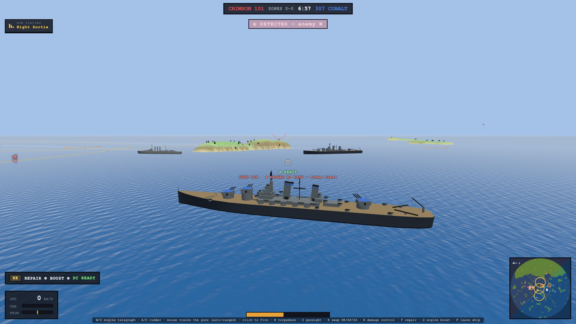 From the Dreadnought's bridge: a wooded island ahead between two cruisers, a thin red X standing on its crest, and the readout under the sight reading GUNS 9/9 · 4 MASKED BY LAND — steam clear in red