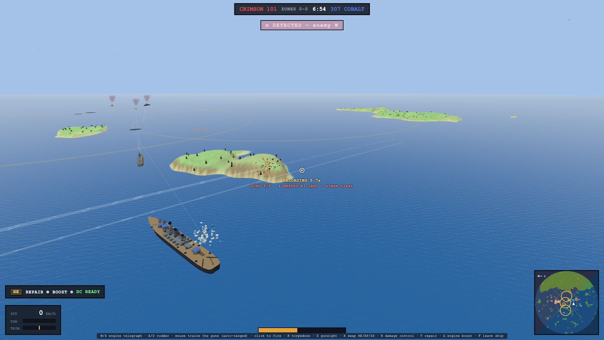 A spotter's view of the same broadside: the Dreadnought's guns smoking in the foreground, and on the island ahead her shells bursting right on the red X