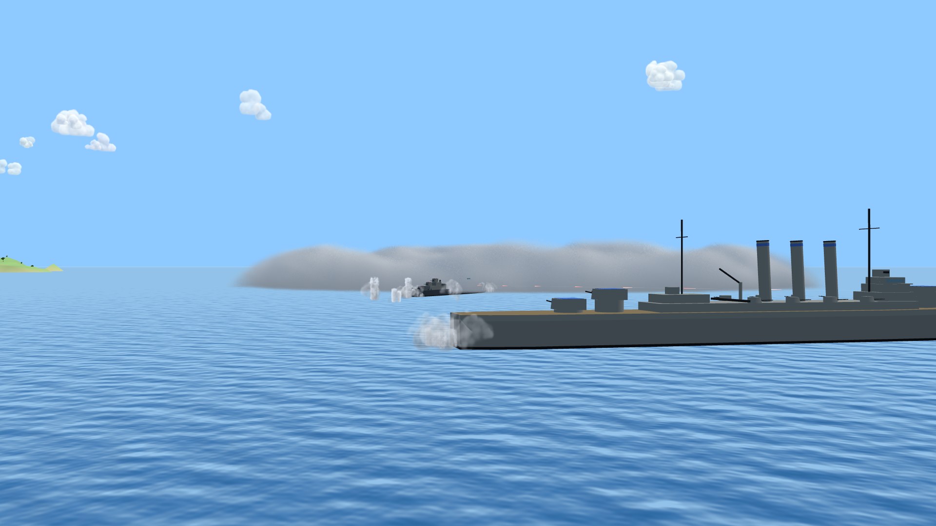 From a cruiser's deck, a long low bank of grey smoke lying on the blue sea, a destroyer steaming into its wall while the cruiser's shells splash short of her