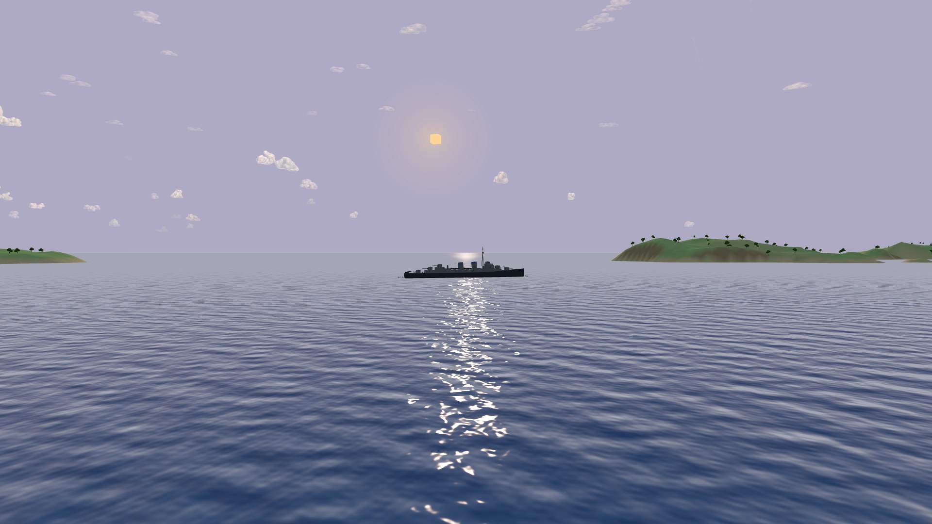 A grey destroyer in silhouette on a glittering path of sunlight across a rippled sea, the low sun above the horizon between two green islands