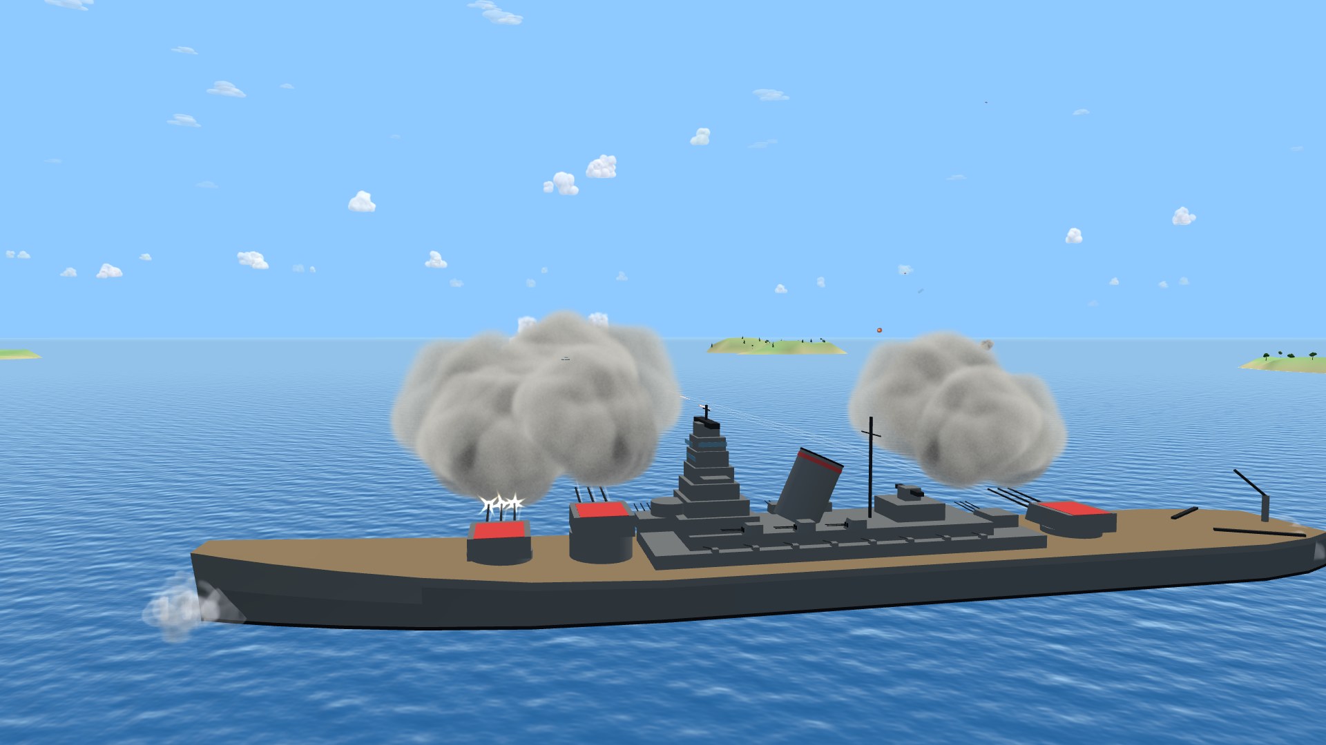 The Yamato super-battleship firing a broadside: a long tan-decked hull with a stepped pagoda tower, a raked funnel and three triple turrets with red team roofs, muzzle flashes at the forward guns and two great clouds of gunsmoke rolling up off her deck