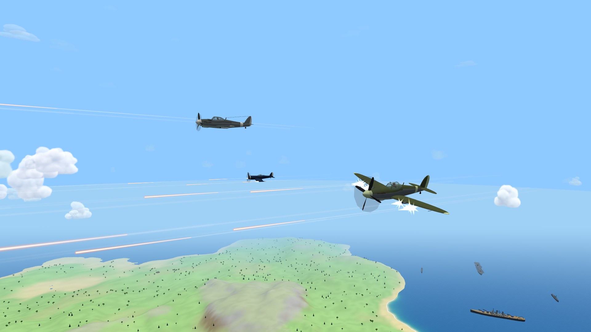 A crimson Spitfire close in on the right with muzzle flashes on both wings, its cannon and machine-gun streams reaching away downrange in two different weights of tracer; above it a Bf 109 firing down its nose, and a Navy-blue cannon Corsair beyond pouring four streams of its own