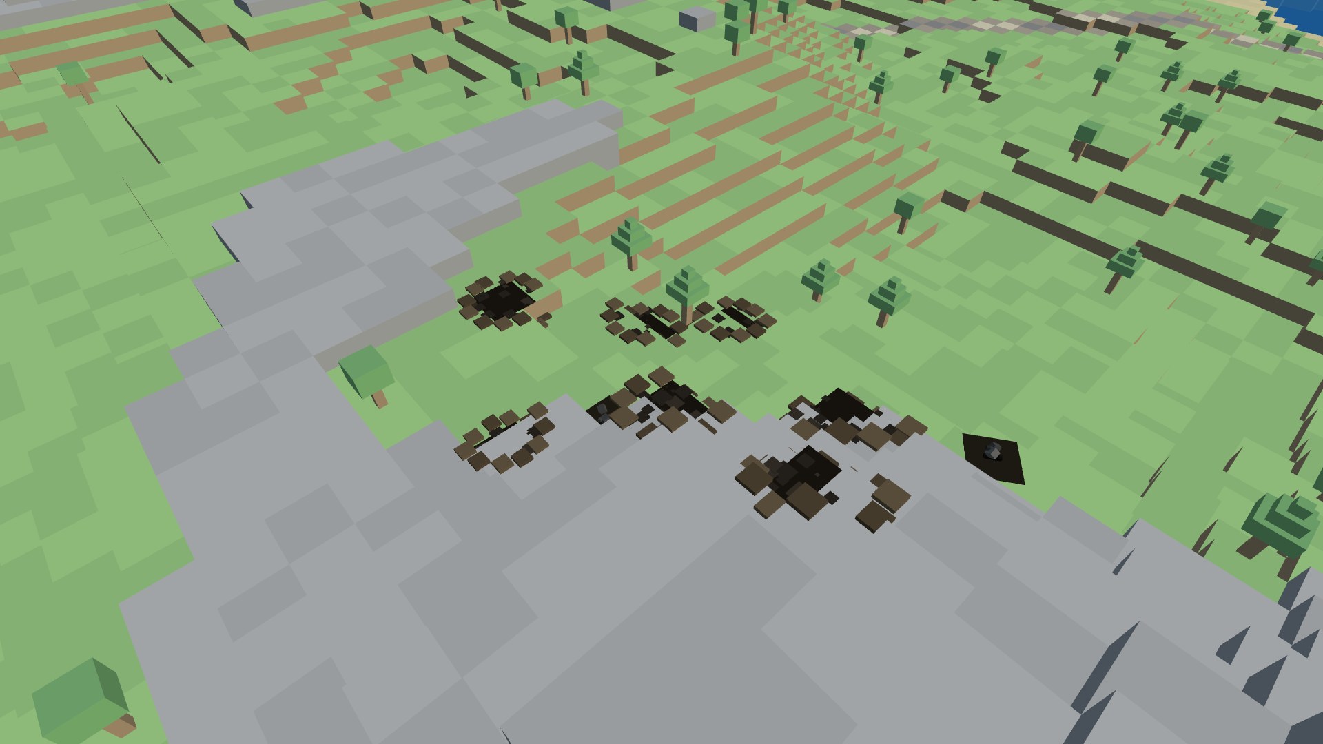 A grassy ridge pocked with bomb craters — dark scorched bowls ringed with raised dirt — and burning crash sites, seen from above