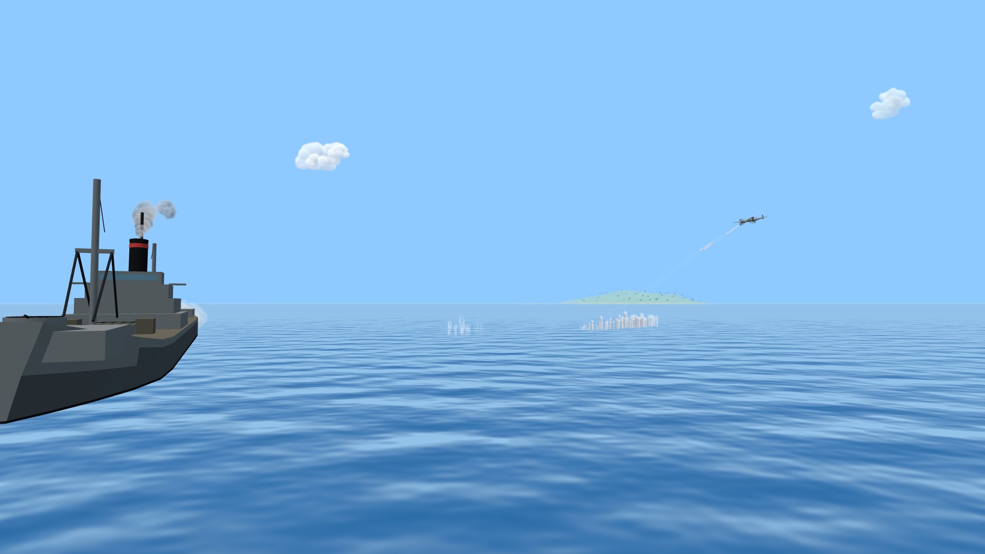 A P-38 diving across open sea toward a supply freighter, its guns walking a ragged line of white water spouts up toward the ship's quarter