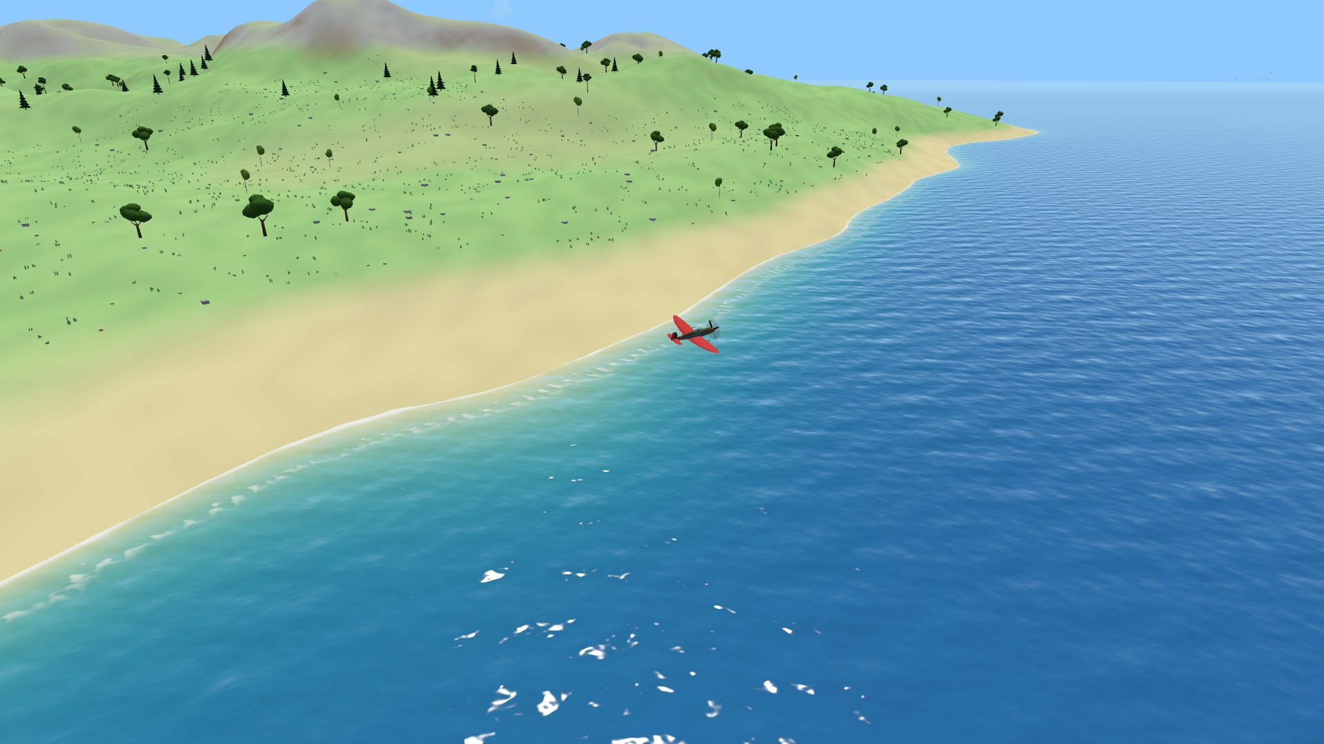 A crimson fighter skimming low along a sandy beach, the water beneath it shading from pale turquoise at the shore to deep blue offshore, with a line of white surf along the sand