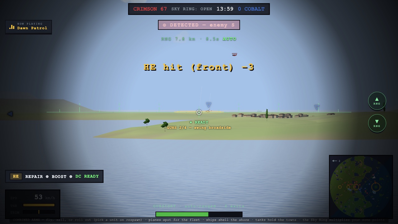 The view through a warship's binocular gunsight: open water in the foreground, green farmland rising beyond the beach with a town along the ridge, the gold ring laid on the fields under the crosshair beneath an enemy marker, the rangefinder reading 7.8 km, and the call HE hit (Front)