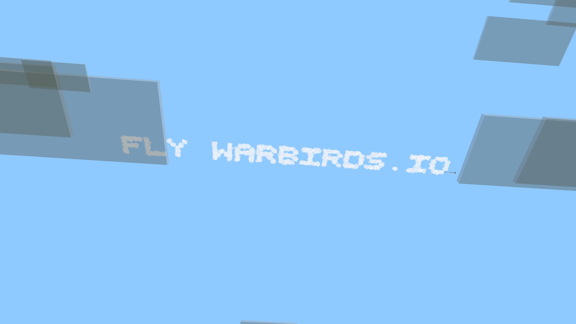 Billowing white smoke capitals reading FLY WARBIRDS.IO laid flat across a deep blue sky, seen from far below looking up past the cloud deck, the writer biplane rolling off the end of its final pass