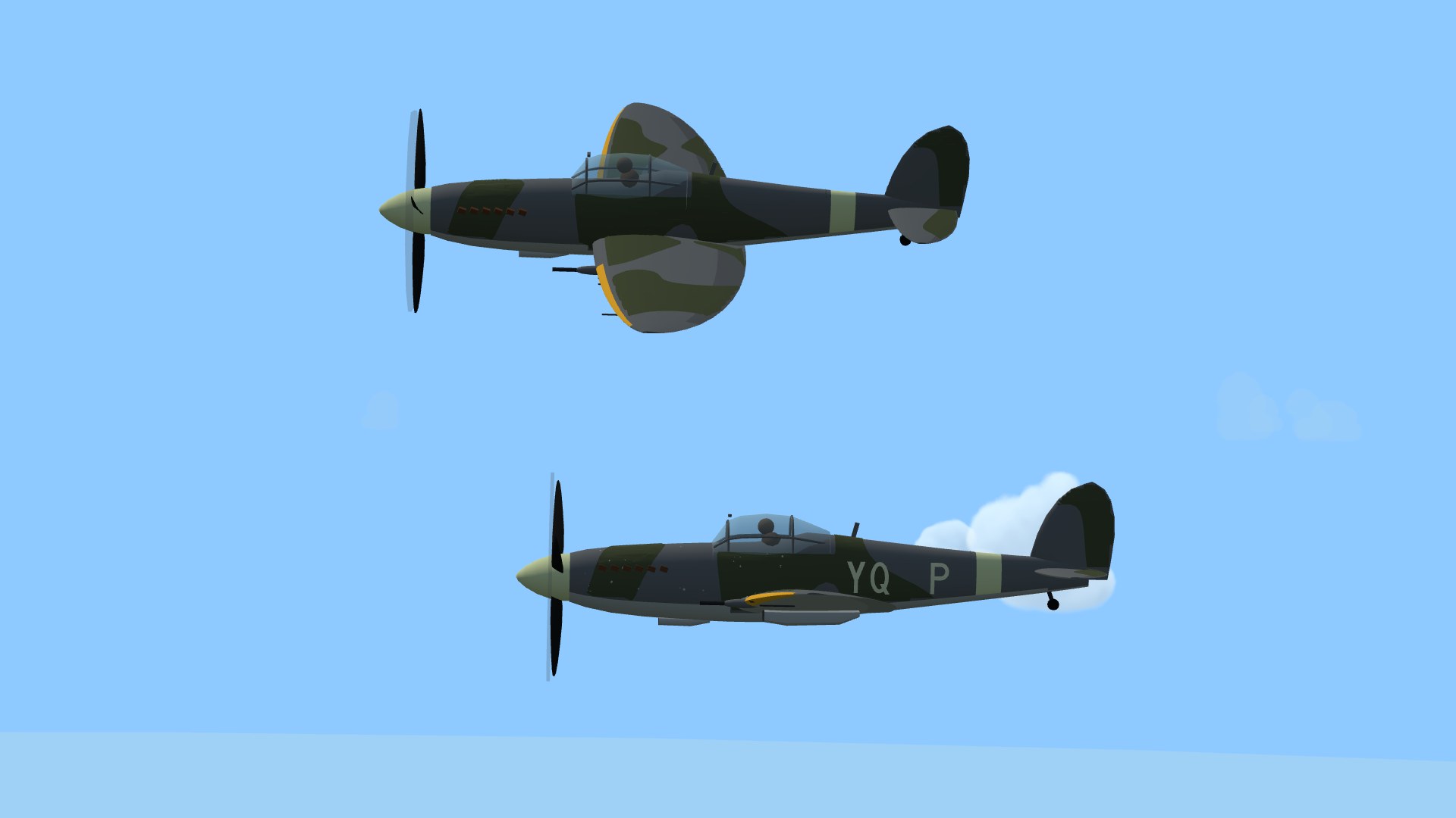 Two Spitfires over the Brick Sea: the upper one rolled toward the camera, showing big swirls of dark green over grey on its wings with a yellow strip down each leading edge, the lower one flat, with pale 'YQ' and 'P' codes on its flank either side of a gap and a pale band around its tail