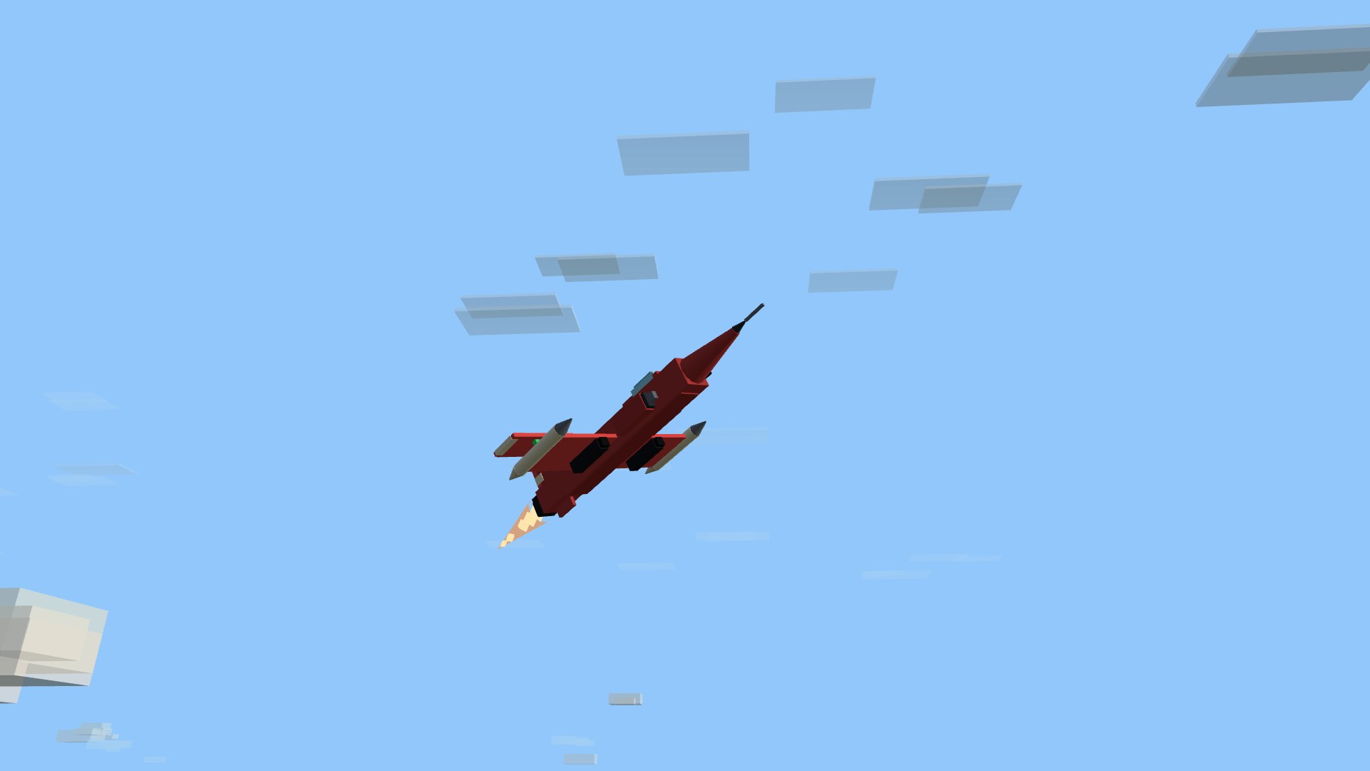 The crimson Starfang early jet climbing hard against the morning sky, afterburner lit, tip tanks and T-tail catching the light, a prop fighter far astern