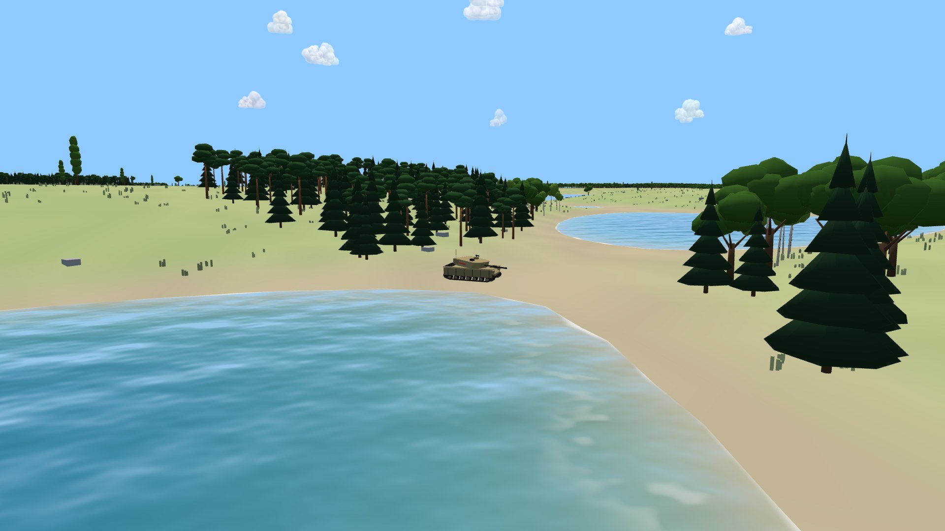 A tan tank parked on a sandy lakeshore beside pine woods, clear pale-blue water in the foreground and a second lake beyond