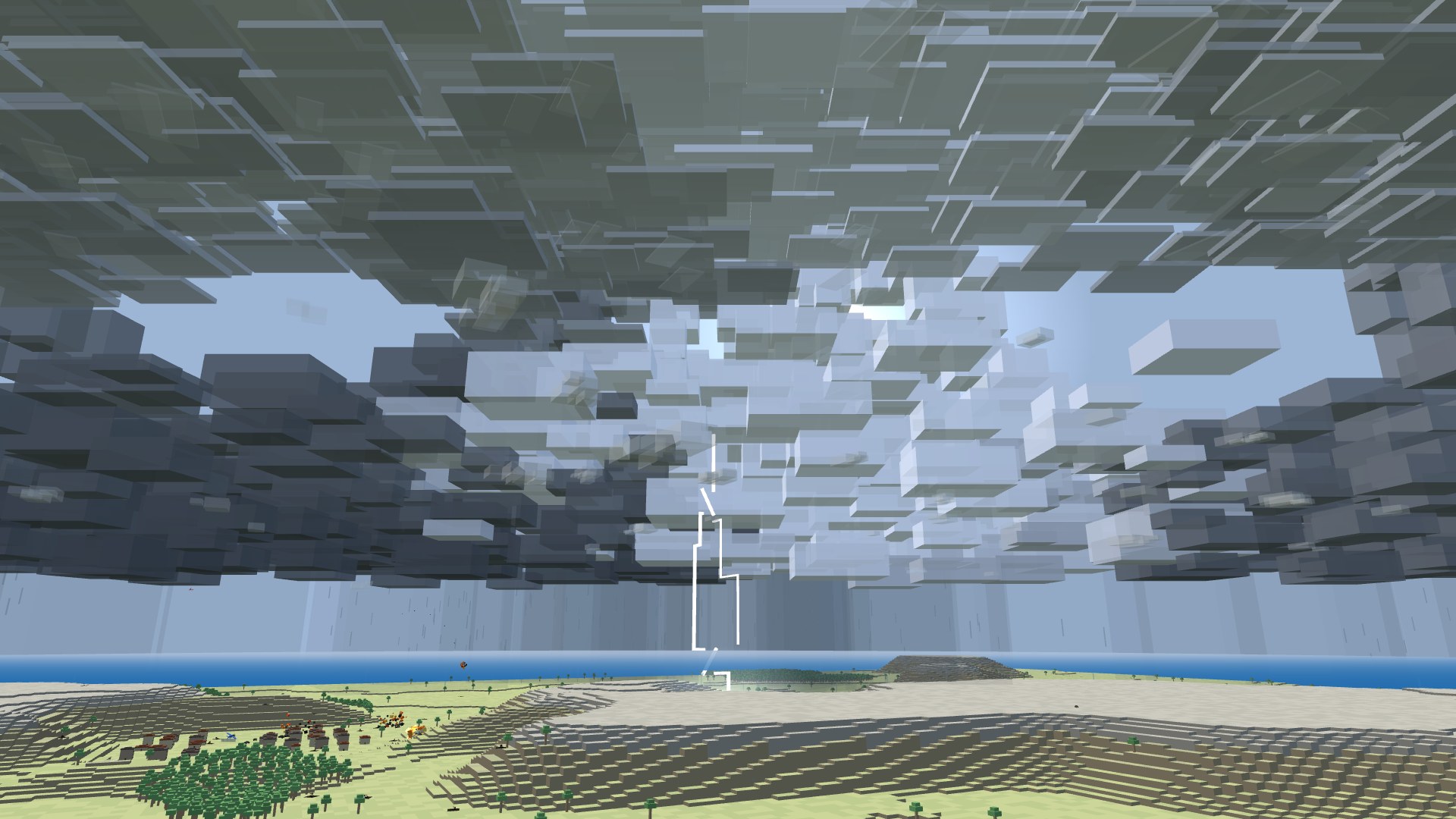 A dark storm front streaming over the steppe, rain curtains to the grass, a bolt striking a grove near a town
