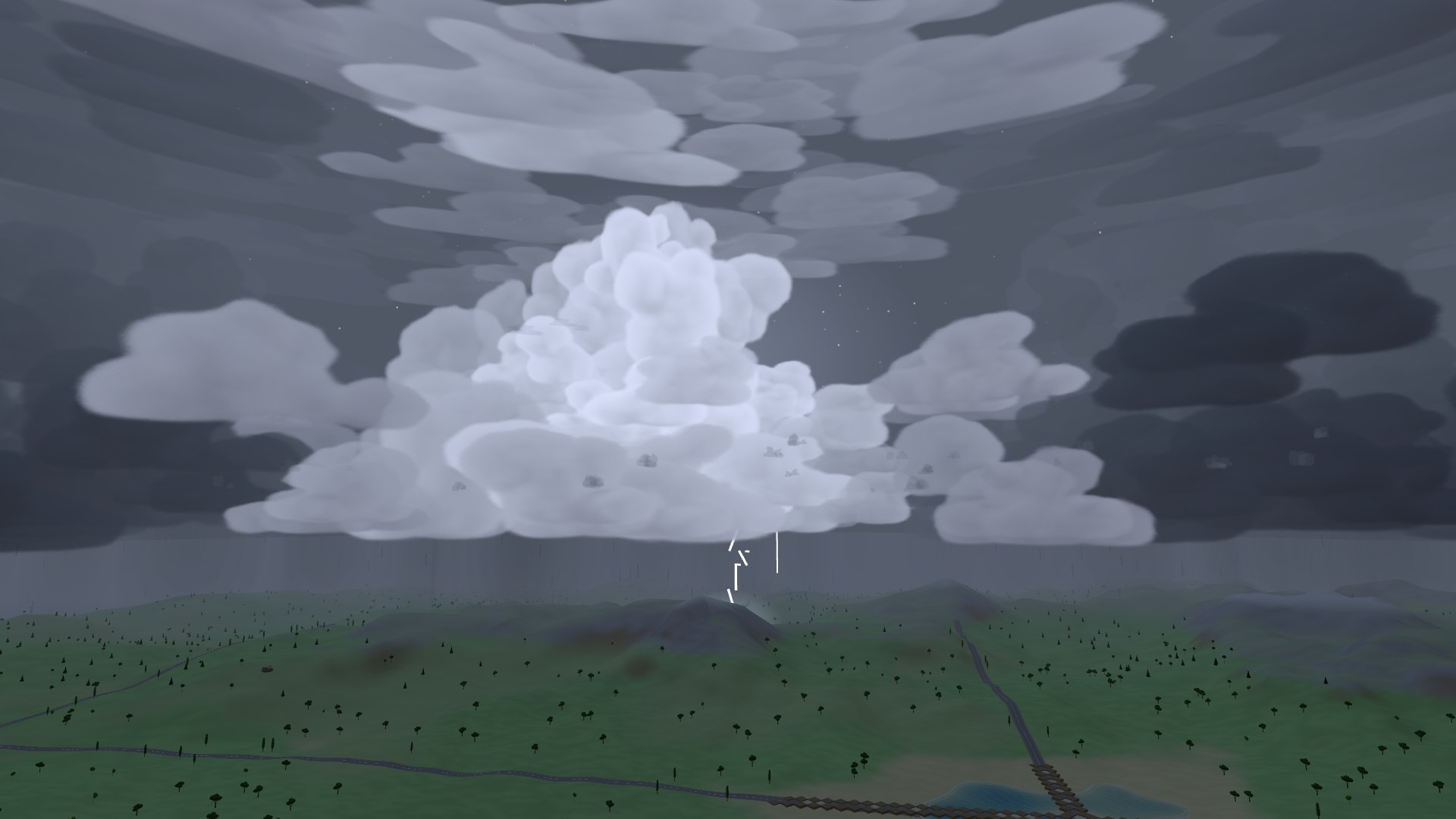 A night storm over the island: one thunderhead lit blue-white from inside by a lightning stroke, the cells either side of it dark against the night sky