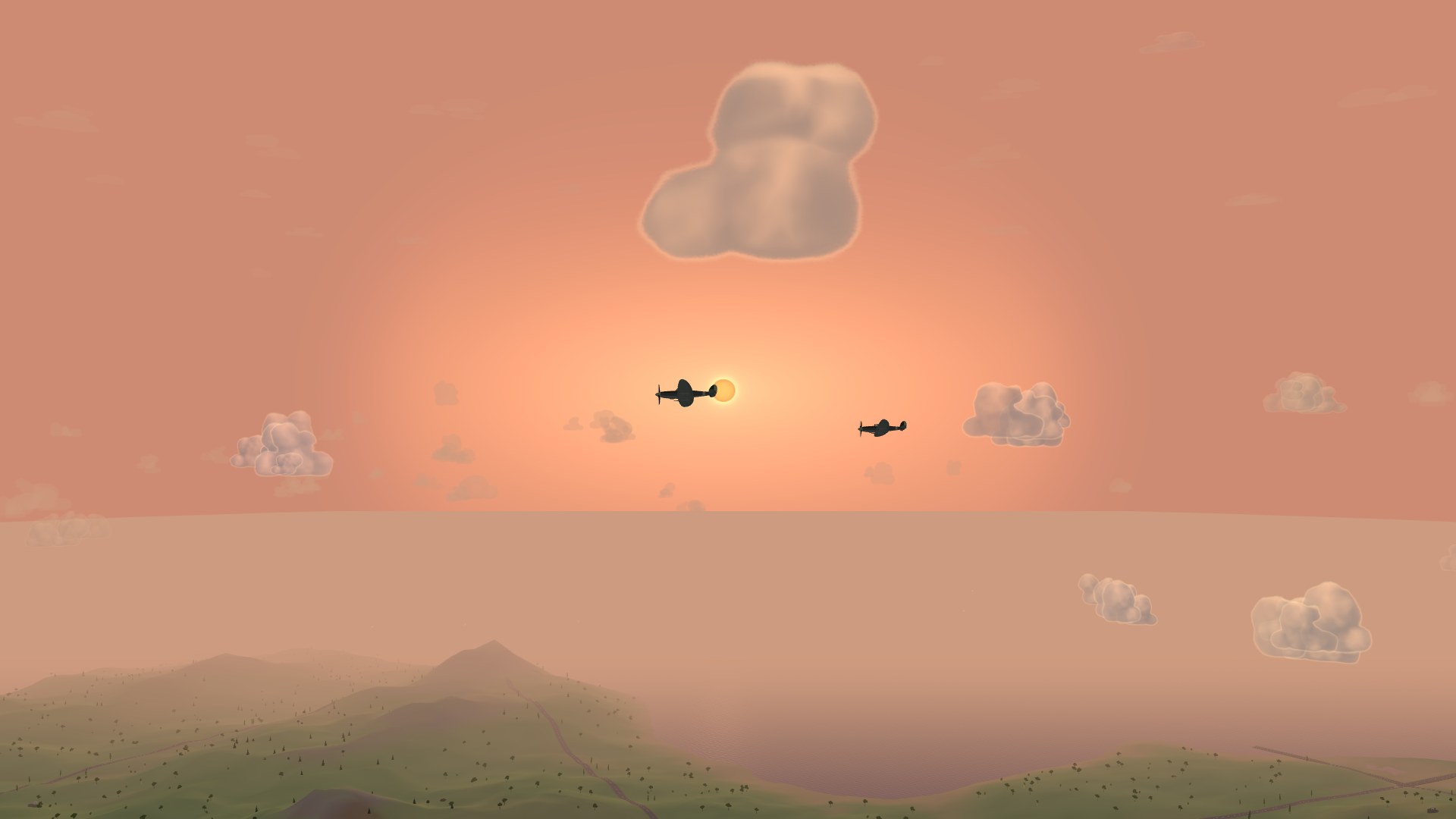 Two Spitfires in silhouette crossing a low orange sun in a salmon sunset sky, a wide golden glow spreading along the hazy horizon