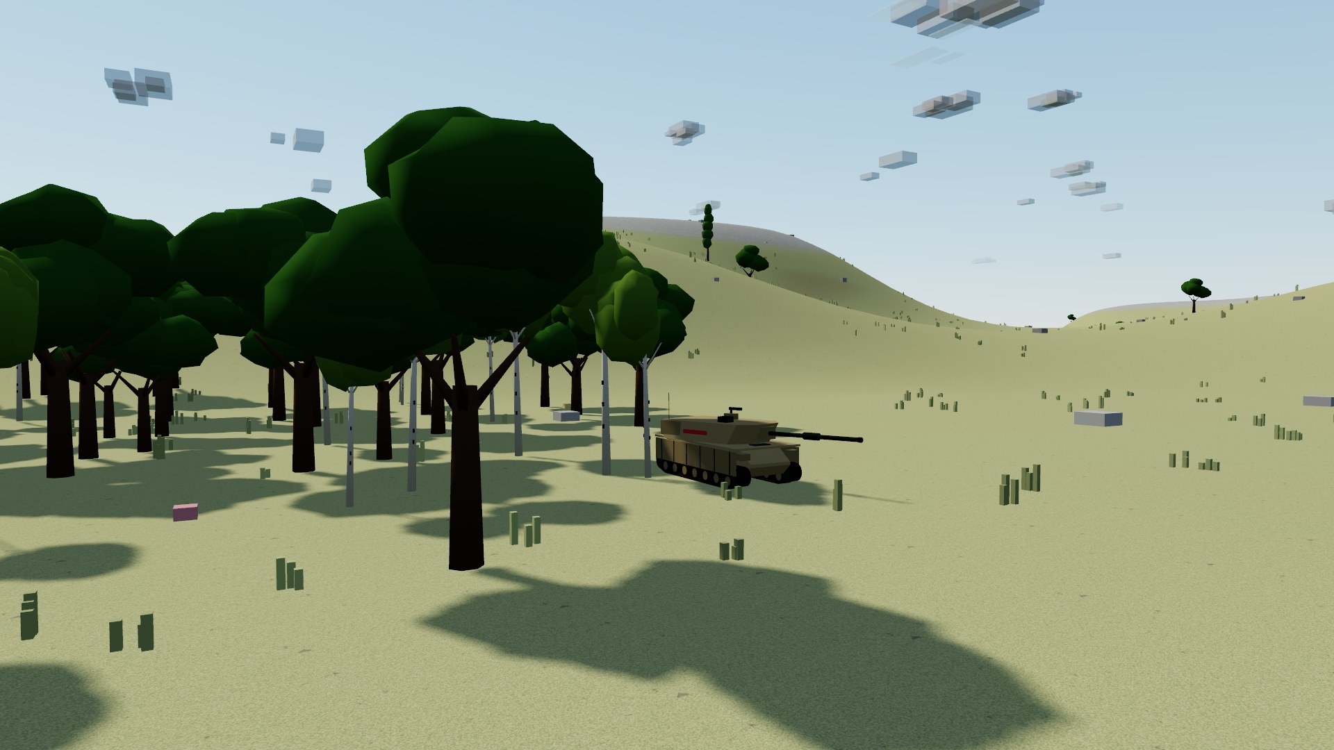 A tank nosed out from the edge of an oak wood in late-afternoon light, the trees throwing long shadows across the grassy steppe, a smooth hill rising behind