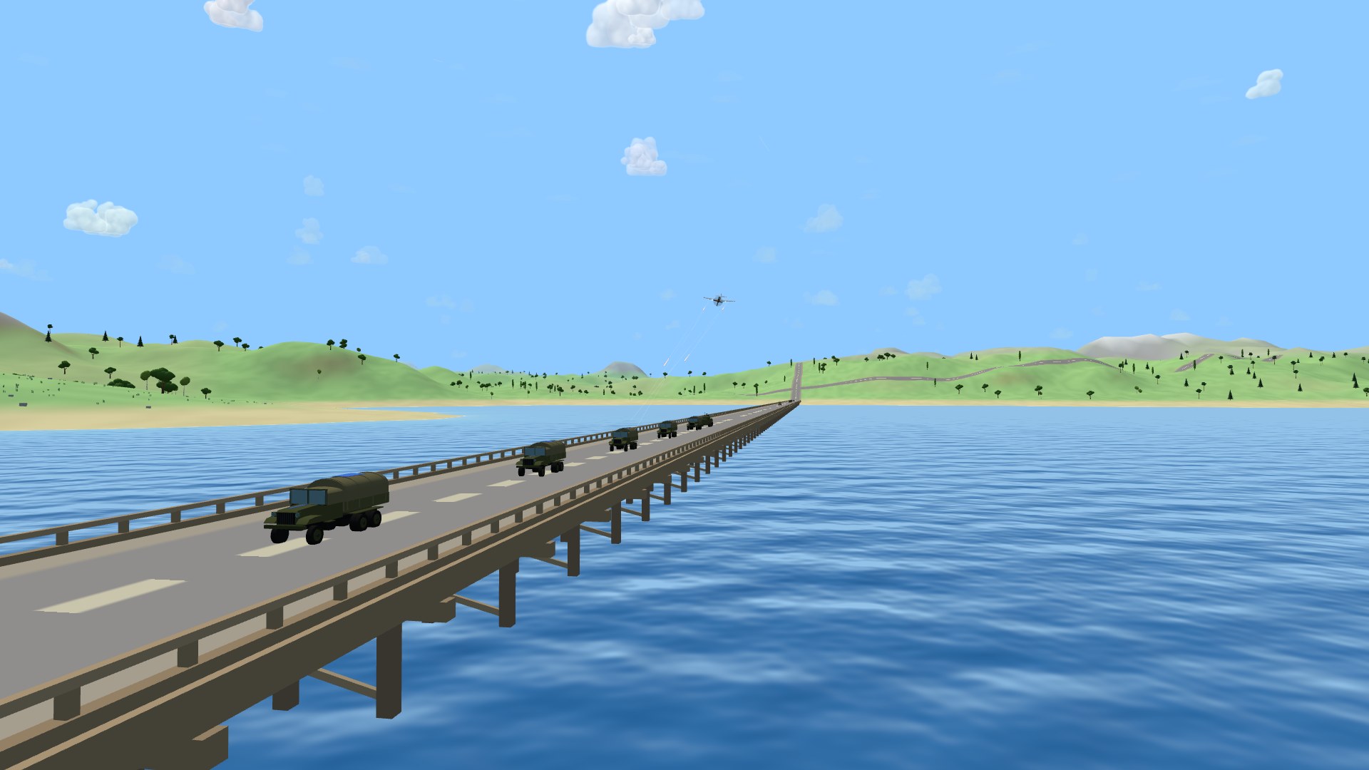 A column of supply lorries crossing a long timber trestle bridge over a blue inlet, rails down both sides and bents marching out across the water, a fighter diving on them from astern